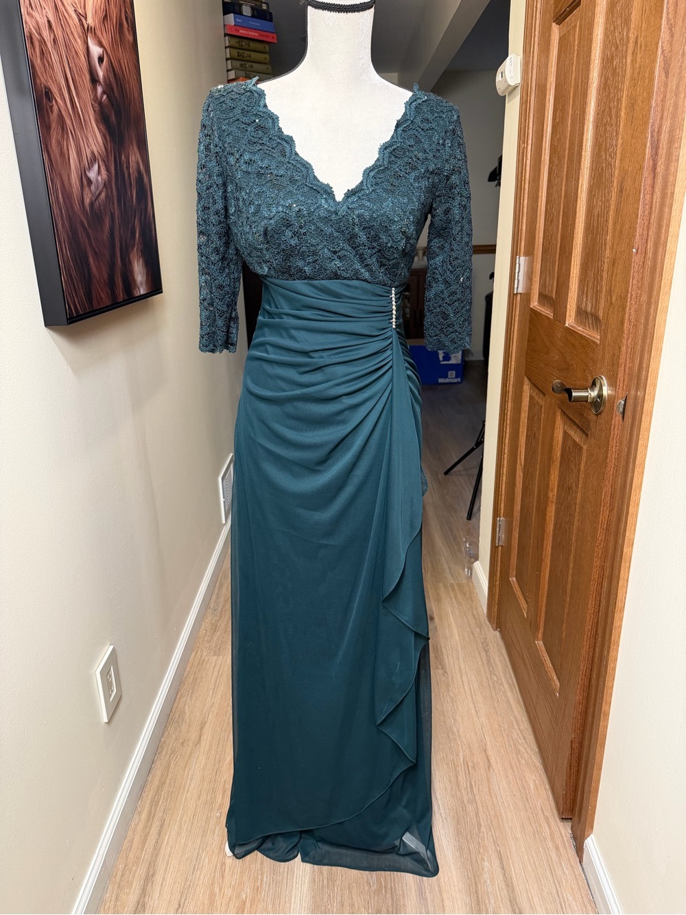 Elegant Teal Lace & Draped Evening Dress